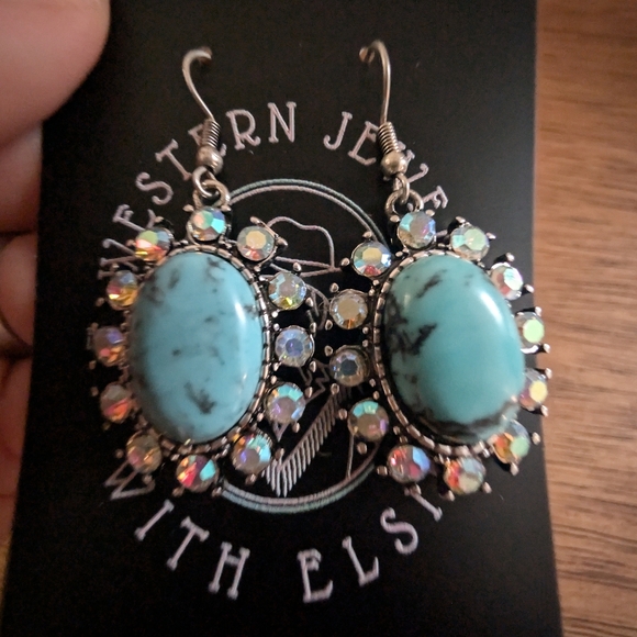 Turquoise and Silver Crystal Drop Earrings - Picture 5 of 6